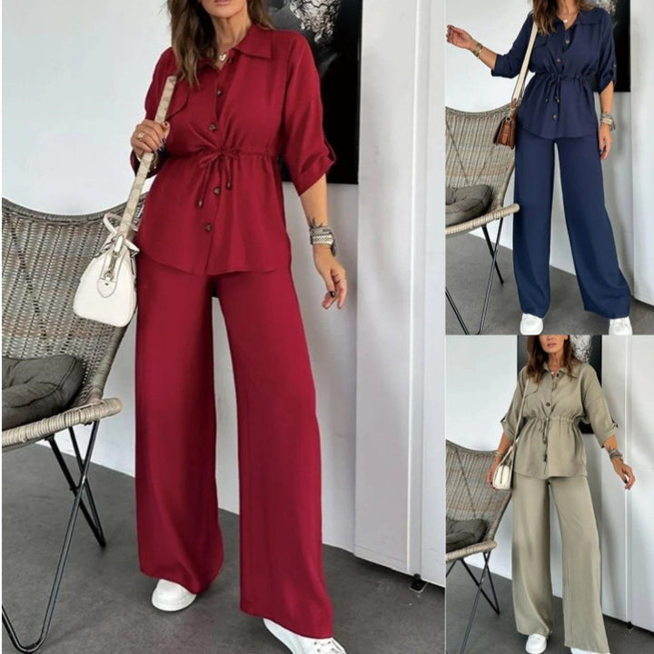 Dame stilfuld og komfortabel sæt bestående af bluse og bukser med fashionable bindebælter Stilla