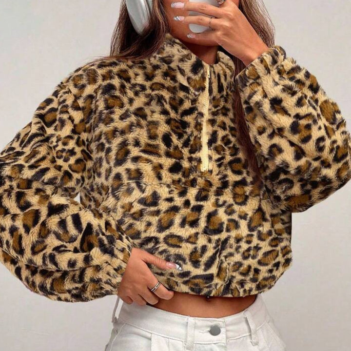Damer fleece pullover med leopardmønster Stilla