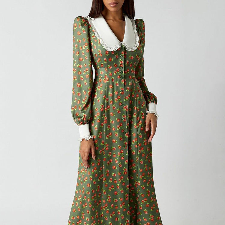 Dame Midi-kjole med blomsterprint og klassisk krave Stilla