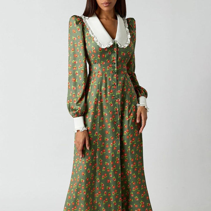Dame Midi-kjole med blomsterprint og klassisk krave Stilla