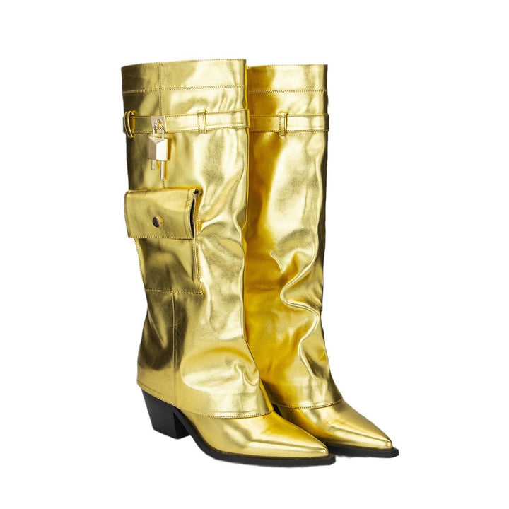 Femme Over-knæet Metallic Blokhæl Mode Støvler Stilla