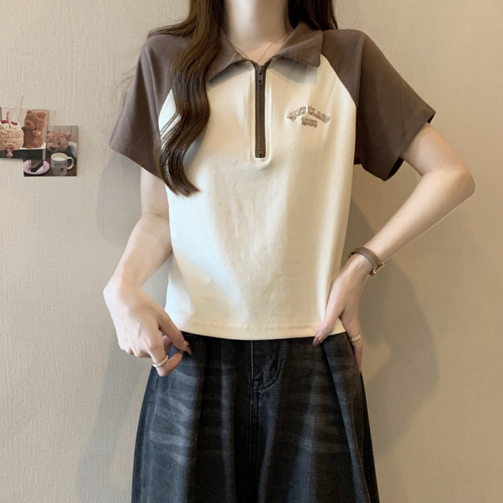 Dame Zip-Up Polo Tee med kontrastærmer Stilla