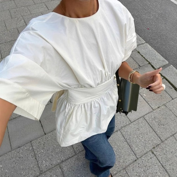 Dame modebluse med voluminøse ærmer og elastisk talje Stilla