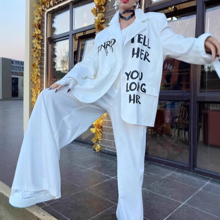 Dame Oversized Blazer med urban graffiti-tryk og brede bukser Stilla