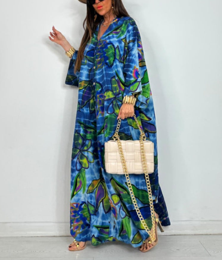 Dame Kaftan-stil Maxikjole med blomsterprint og løs pasform Stilla