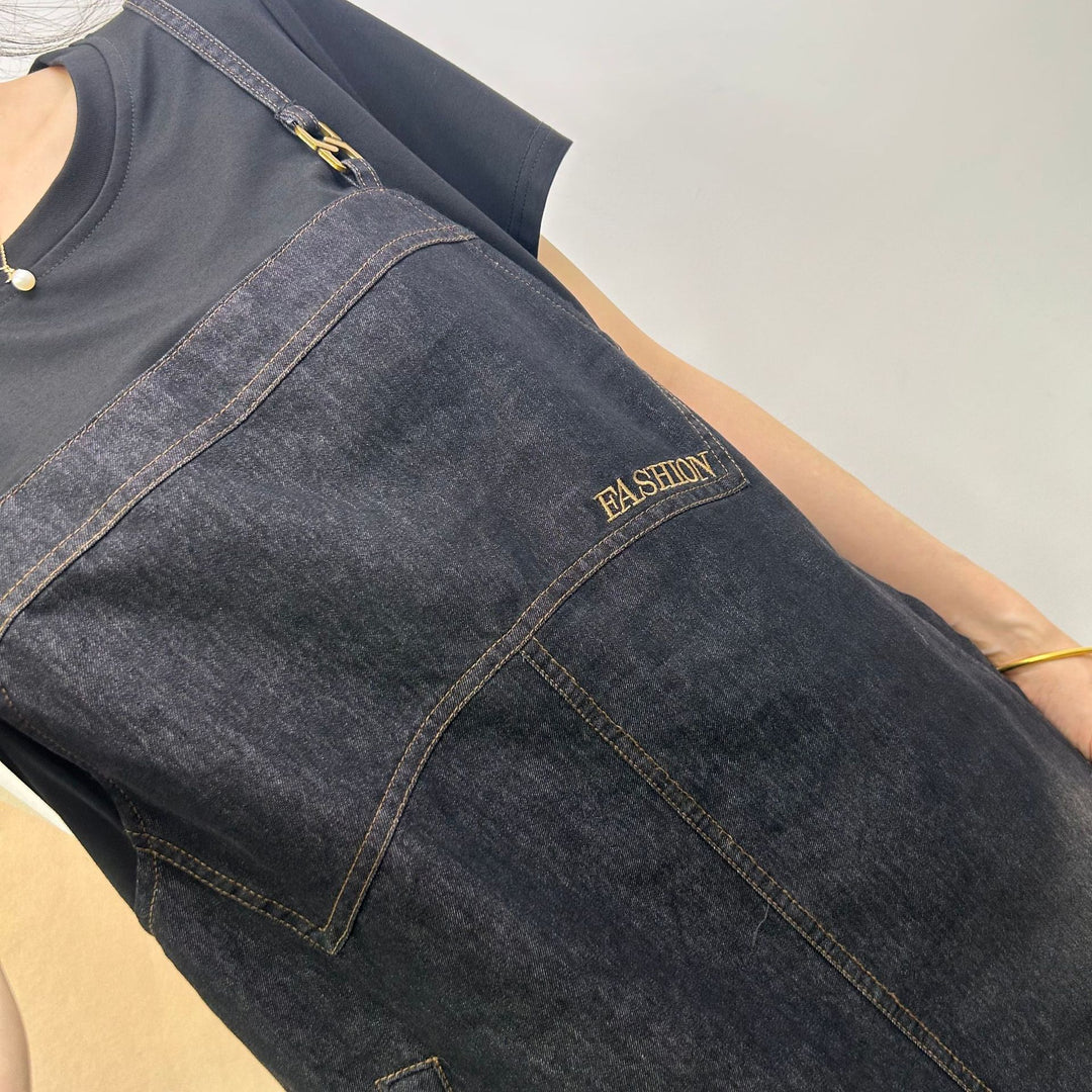 Dame Casual Jeanskjole i kraftig denim stil med praktiske lommer og justerbare stropper Stilla