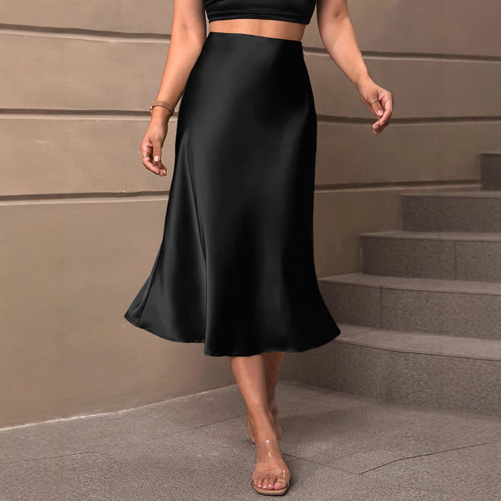 Dame elegant satin midiskirt med flydende snit Stilla
