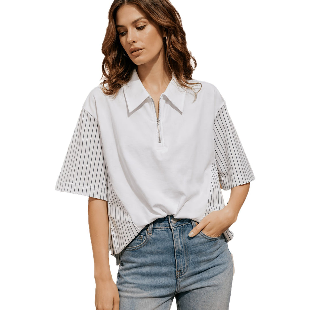 Dame Modisch Polo Shirt med trendy striber og lynlås Skovae