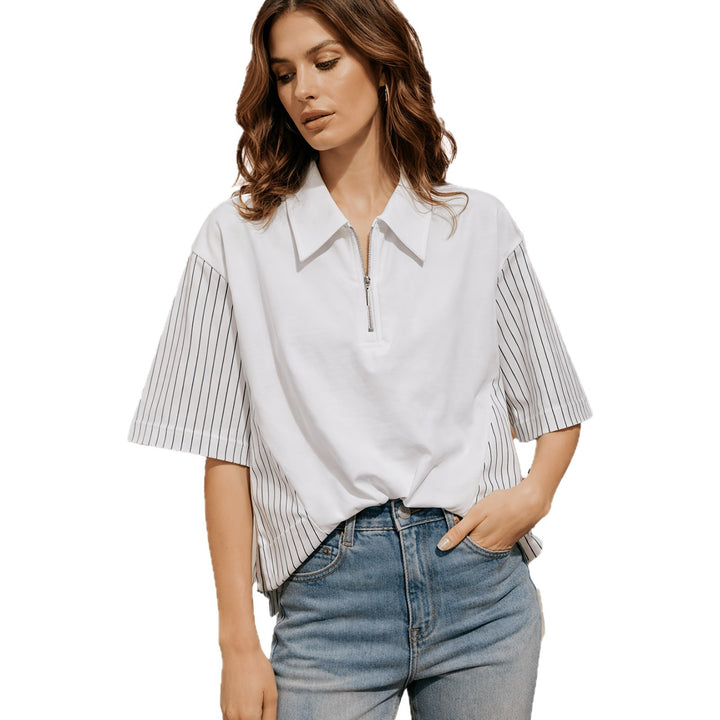 Dame Modisch Polo Shirt med trendy striber og lynlås Skovae