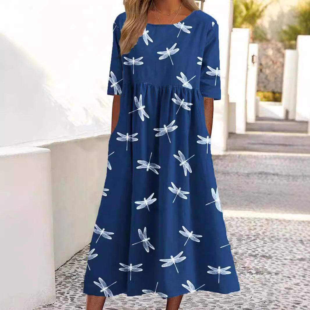 Dame Libellen-Print Midi Kjole Stilla