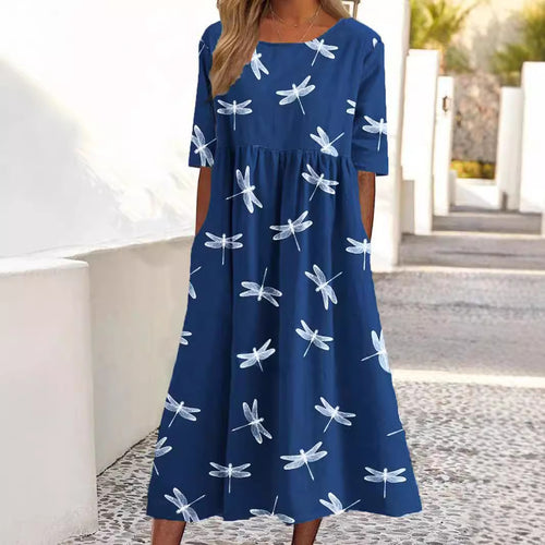 Dame Libellen-Print Midi Kjole Stilla