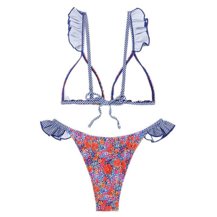 Dame bikinisæt med filigran ruffle detaljer og farverigt blomstermotiv Stilla