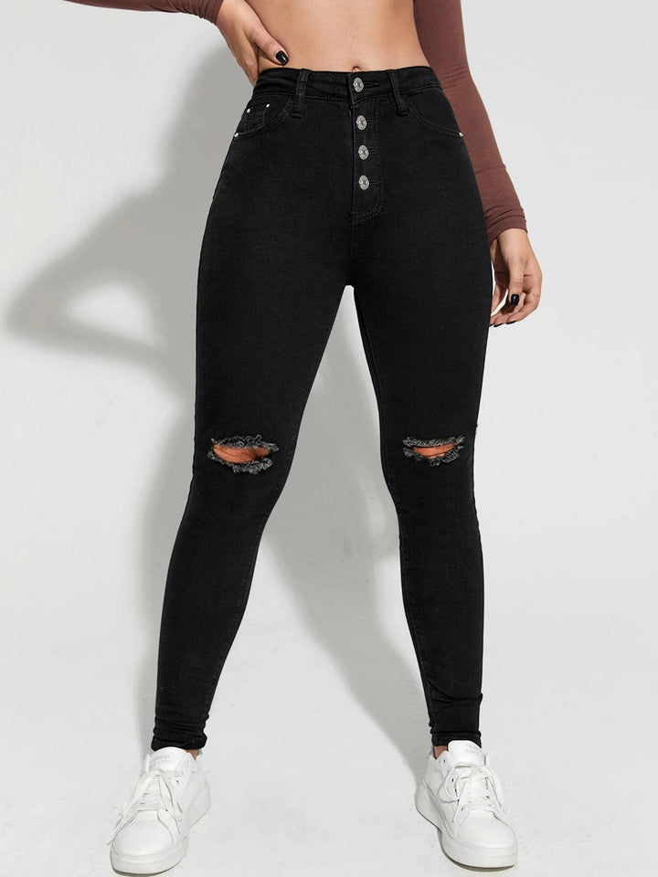Damer High-Waist Jeans med fashionable riftdetaljer og knaplukning Stilla