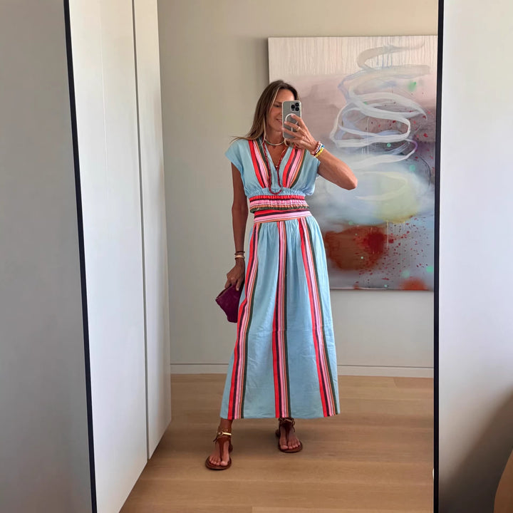 Ladies Beach Maxi Dress with Elastic Waistband and Colorful Striped Pattern Skovae