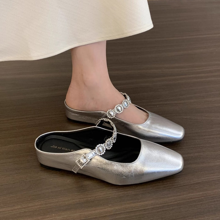 Dame elegante blokhæl-slingback-mules med dekorativt strassbånd Stilla