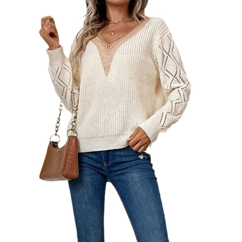 Dame strikket sweater med V-hals og klaplommer Stilla