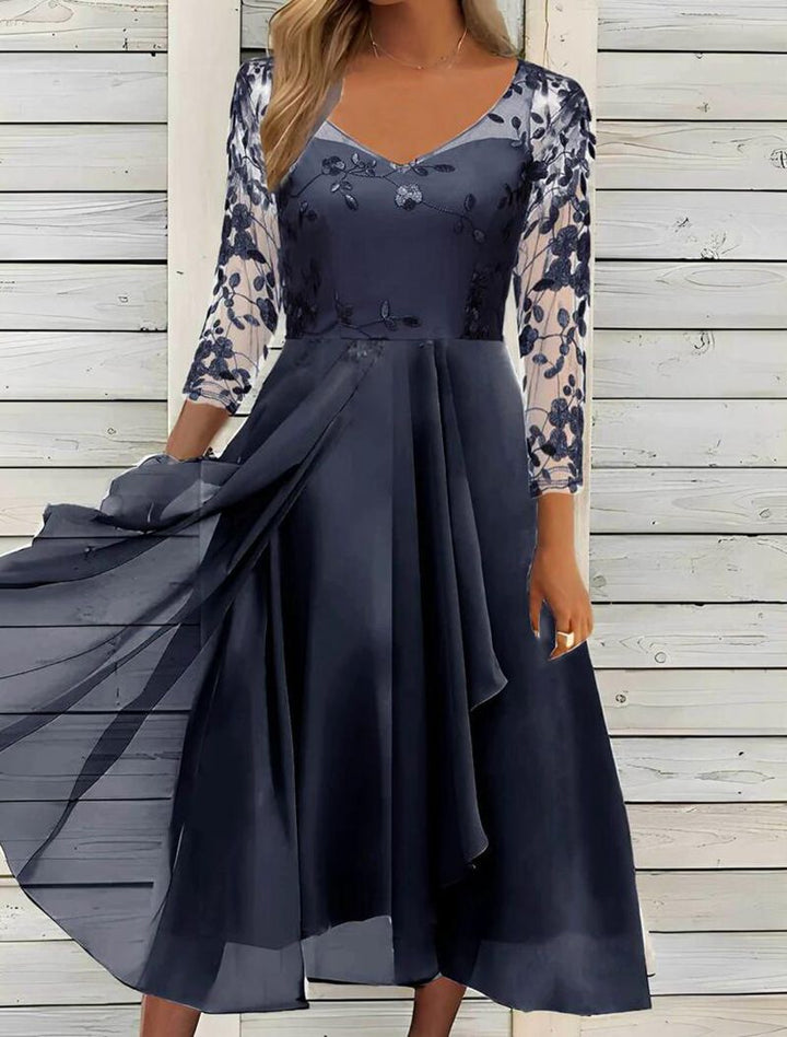 Dame nan V-hals chiffon midikjole med broderet bustier, gennemsigtige trekvartærmer og asymmetrisk lagkjole Skovae