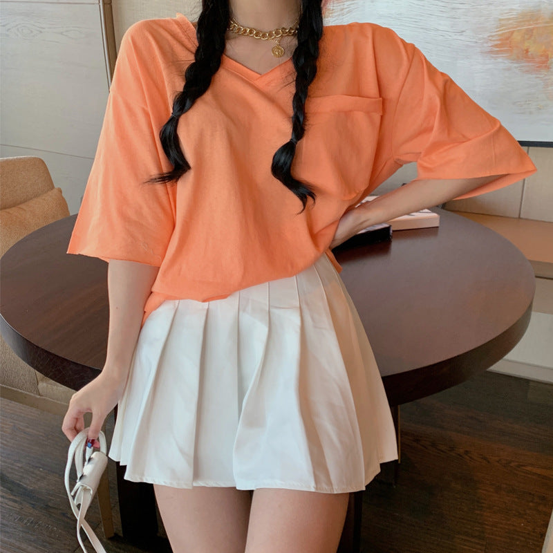 Dame Oversized V-Hals Top med Lomme-detaljer Stilla