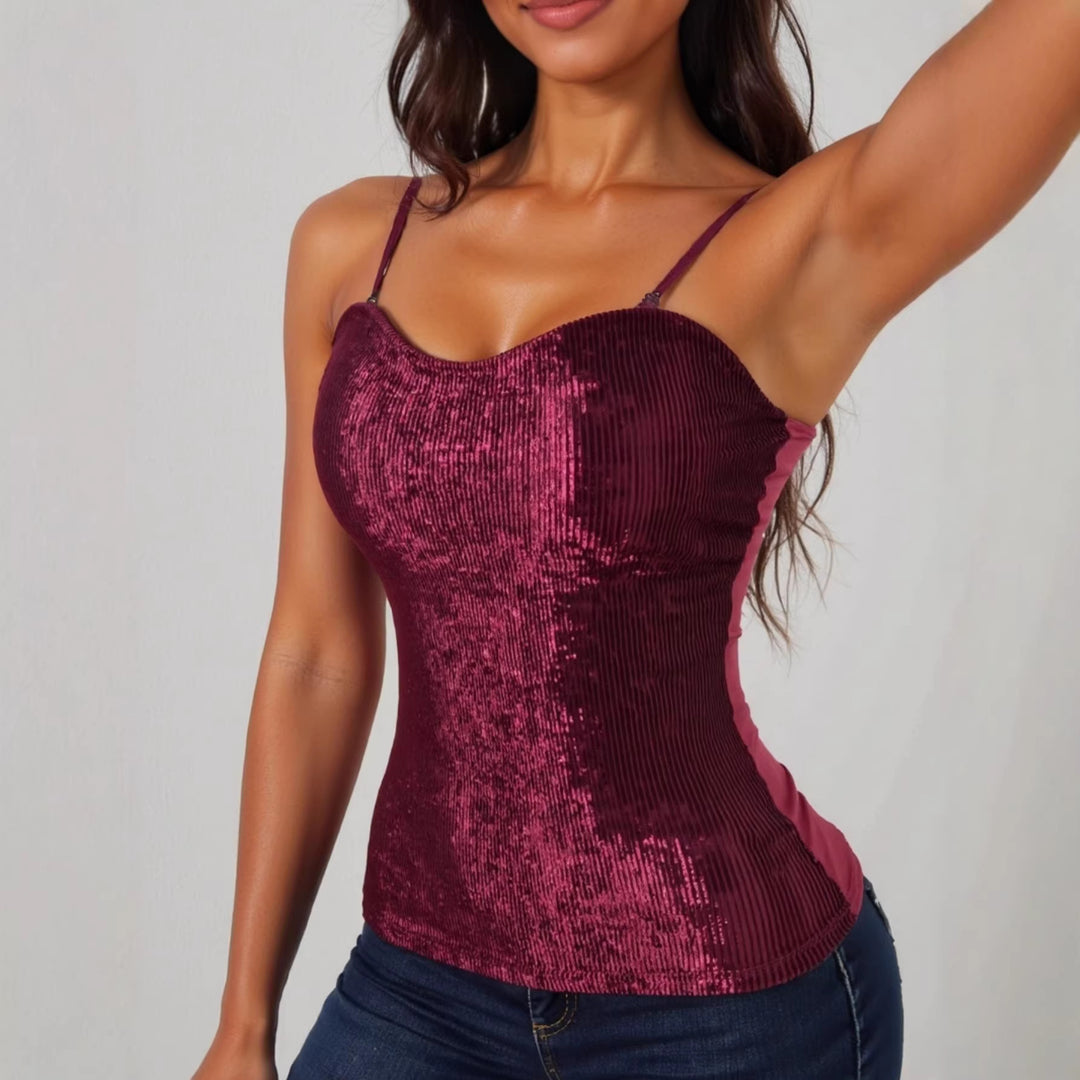 Dame elegant spaghetti straps shirt med luksuriøs paillet dekoration og fin rib strik Skovae