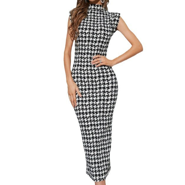 Dame tætsiddende houndstooth-kjole med ståkrave Stilla