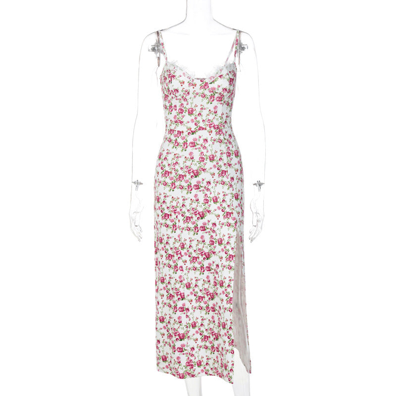 Dame blomstertrykt midi-kjole med elegant split Skovae