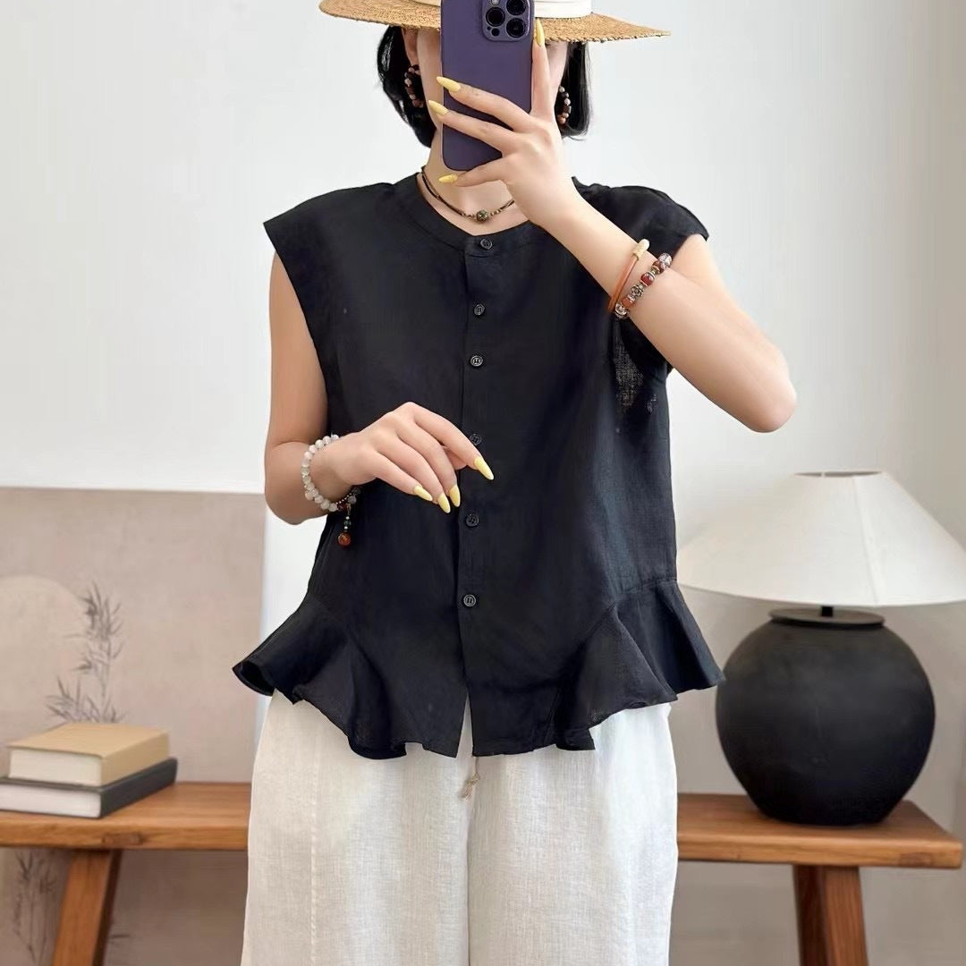Femme Fritid Knaplukning Flounce Kant Top Stilla