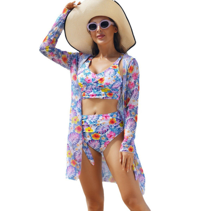Dame bikiniset med gennemsigtig strandjakke og blomster mønster Stilla