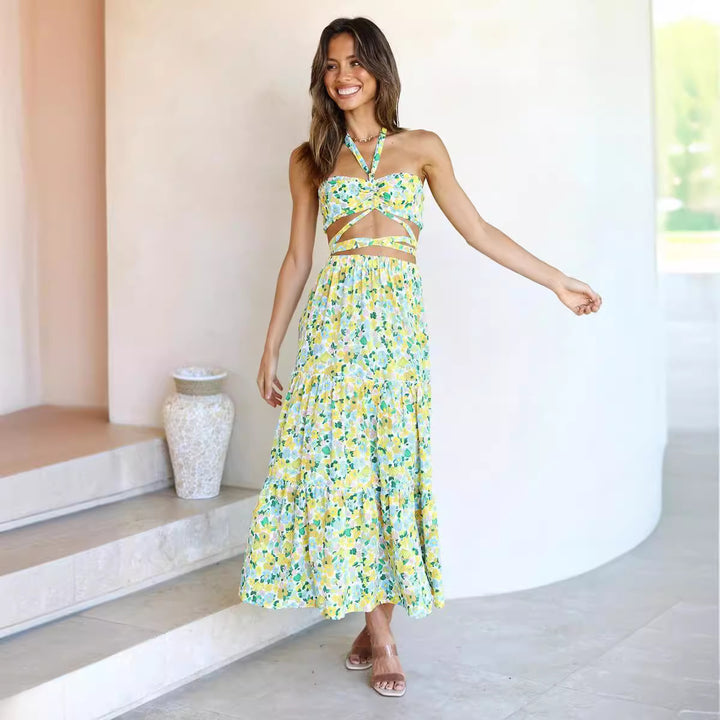 Femme Cut-Out Blumen Crop Top og Maxi Nederdel Sæt Stilla