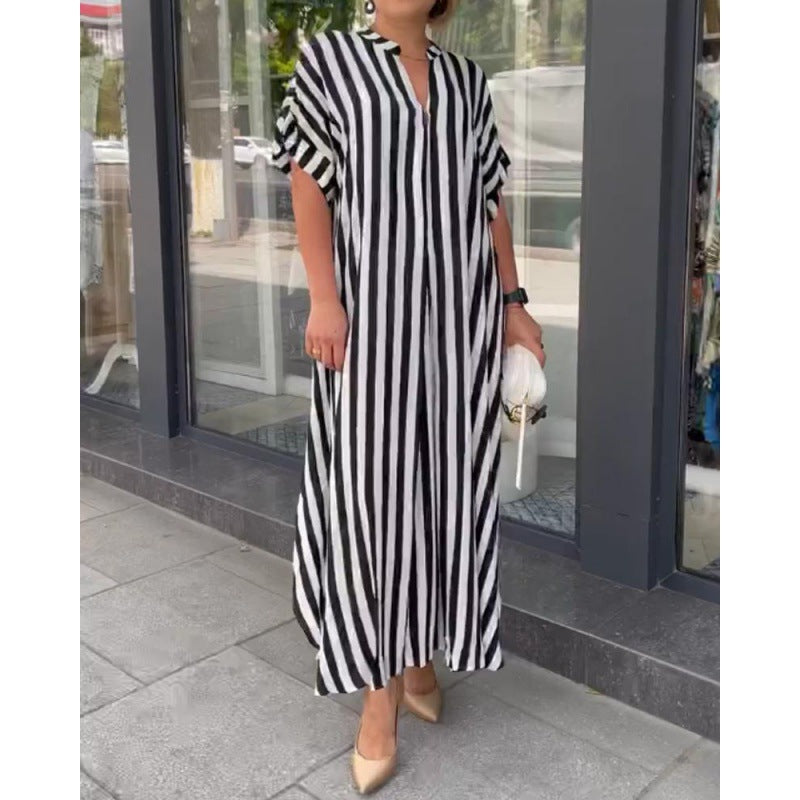 Stilla | Trendy Stribet Print Split Lang Maxi Kjole