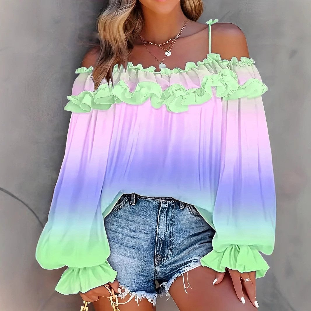 Dame Off-Shoulder Bluse med Rüschen og Farvegradient Stilla