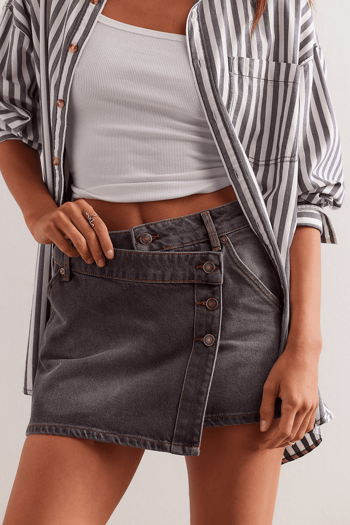 Dame mode A-linje denim nederdel med asymmetrisk knapdesign og praktiske lommer Skovae