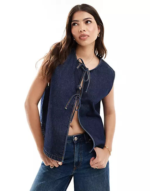 Dame Denim Vest med Raffinerede Bindebånd Stilla