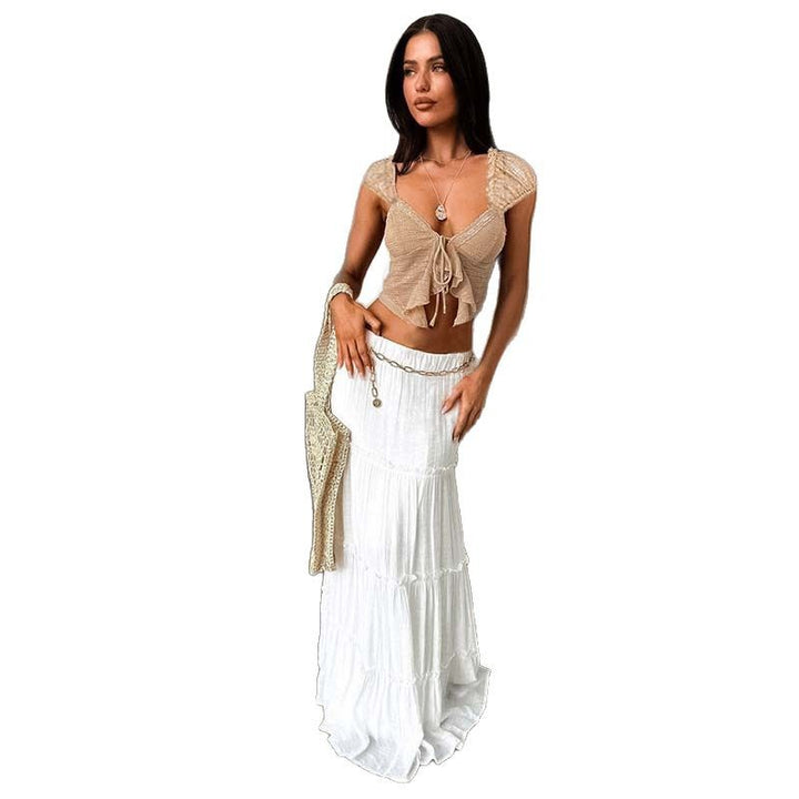 Dame Spids-Crop-Top med romantisk design og sarte flæsedetaljer Skovae