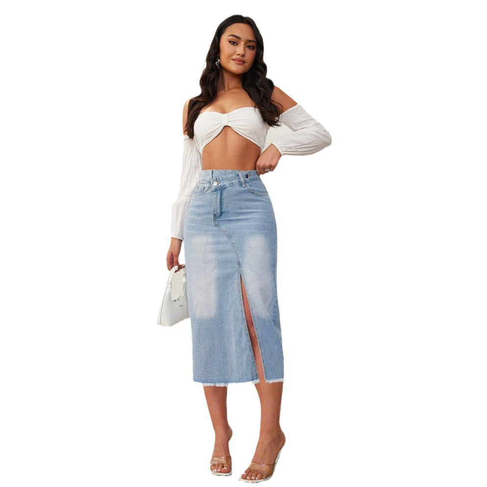 Dame denim-midi-nederdel med asymmetrisk slidse og frynset kant Stilla