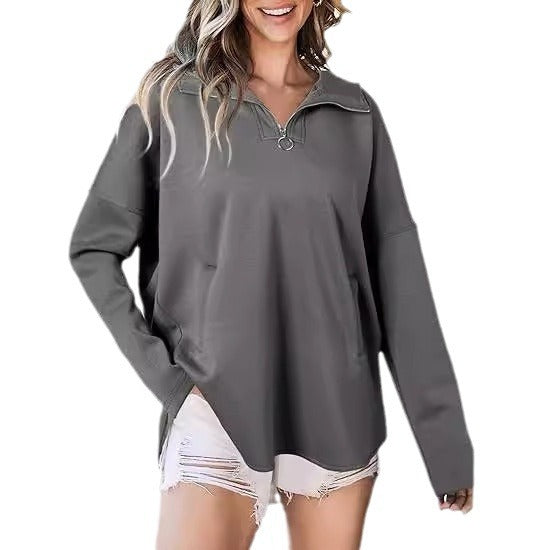 Dame behagelig oversized pullover med halv-lynlås og praktiske lommer Stilla