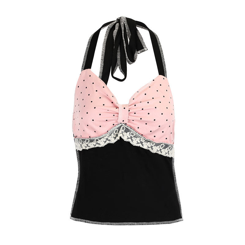 Dame halterneck top med romantisk spidsdetalje og elegant polka-dot mønster Skovae