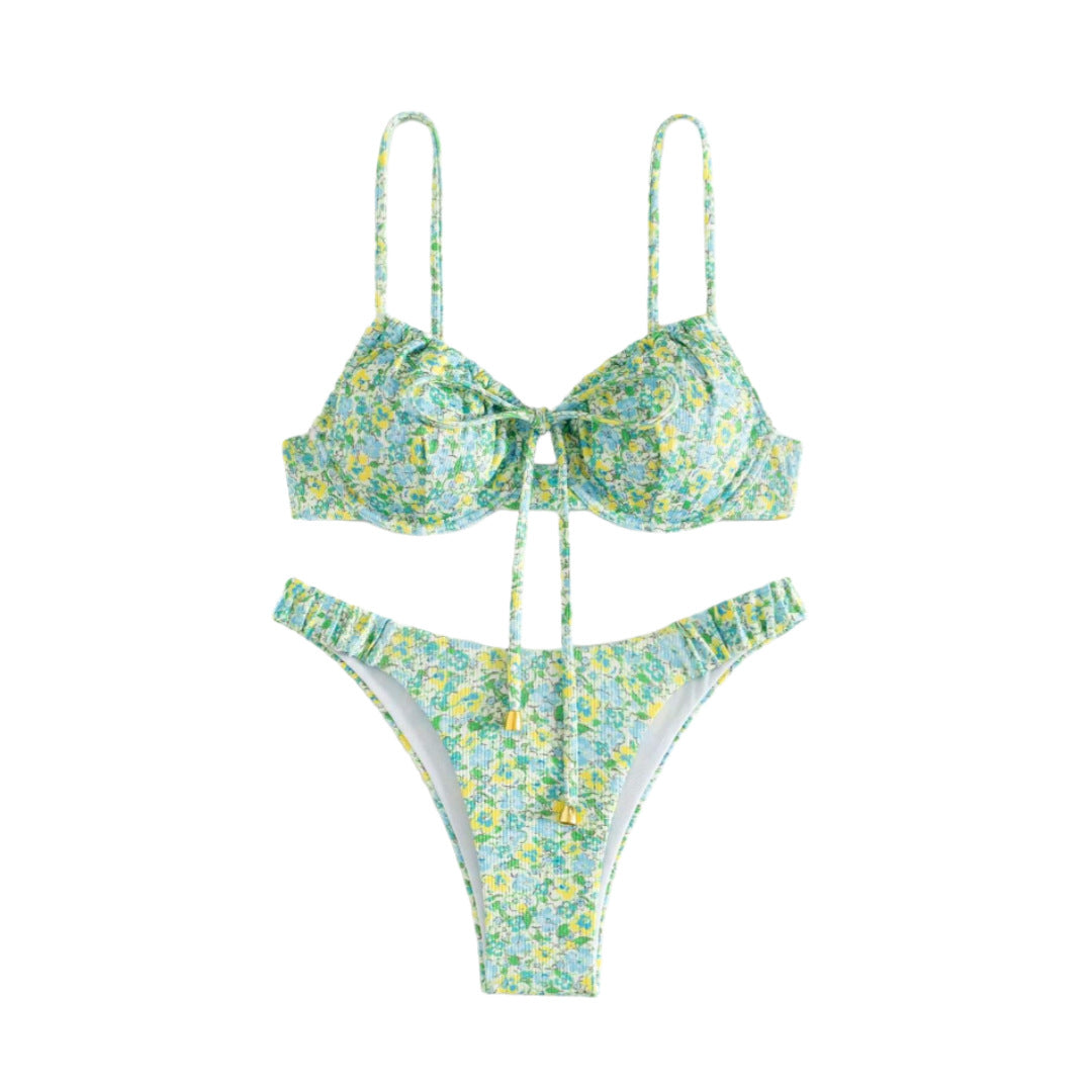 Dame Floral Bikini med højkvalitets rynker og justerbare stropper Skovae