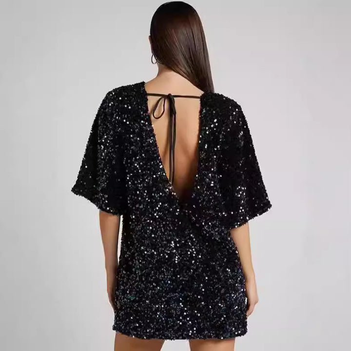 Dame Glamourøs Minikjole med glitrende pailletter og oversized ærmer Stilla