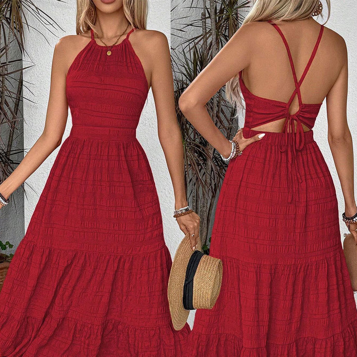Damerne maxi kjole med åben ryg og voluminøs flæsekant Stilla