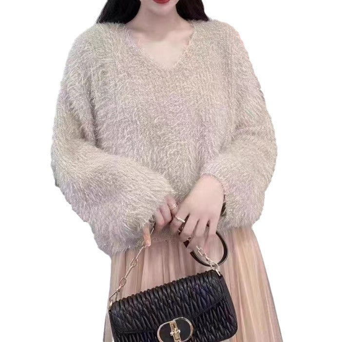 Dame hyggelig V-hals sweater med glitrende tråd Stilla