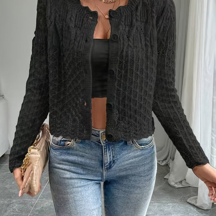 Kvinders cardigan med unik hæklet struktur og knapfri design Stilla