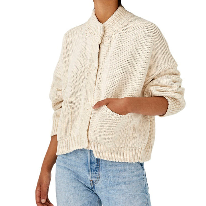 Dame Oversize Strikjakke med Ståkrave og Store Knapper Stilla