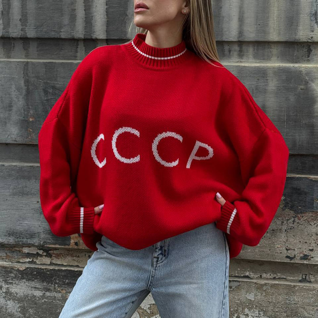 Kvinders løse strikket sweater med retro print Stilla