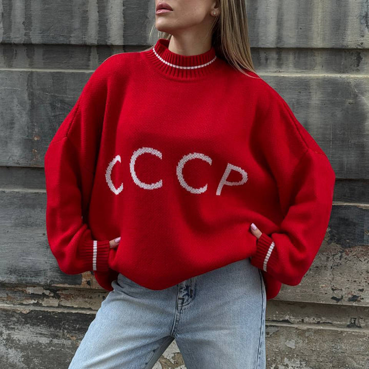 Kvinders løse strikket sweater med retro print Stilla
