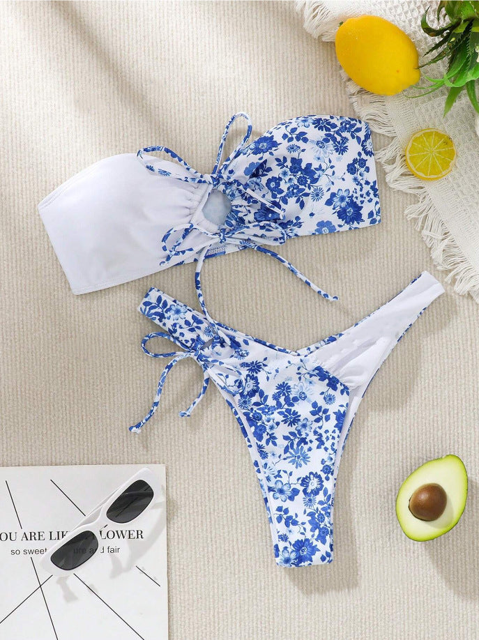 Dame Bandeau-Bikini-sæt med justerbare stropper og feminint blomstermønster Stilla
