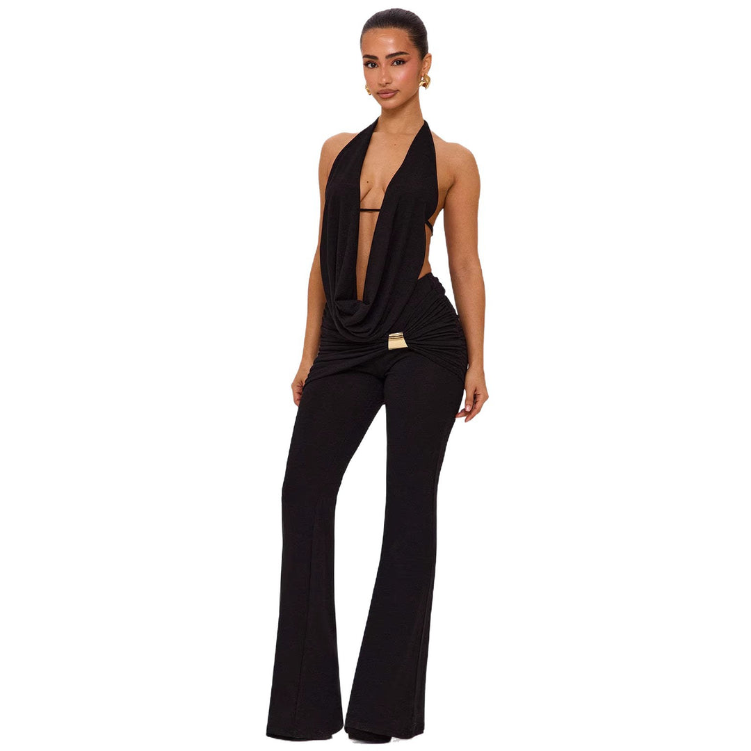 Dame elegant, tætsiddende jumpsuit med dyb udskæring og vidde ben Skovae