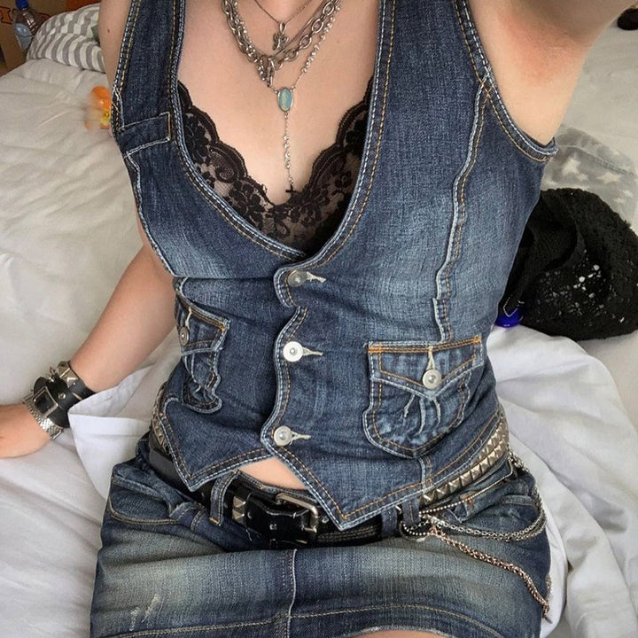Dame Denim-korset med spidsdetaljer og unik snit Stilla