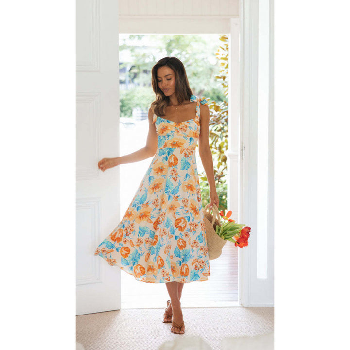 Dame Floral Print Midi Kjole med justerbare stropper og flæse nederdel Stilla