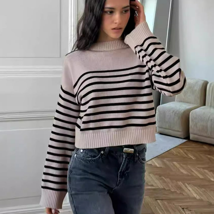 Dame grovstrik pullover med moderne stribemønster og rummelig snit Stilla