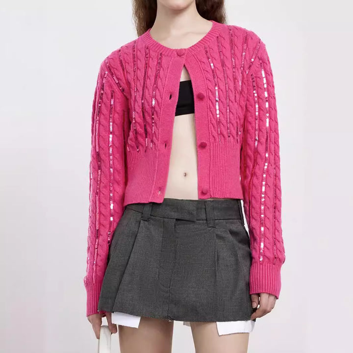 Dame moderigtig strik cardigan med glitrende paletter Stilla